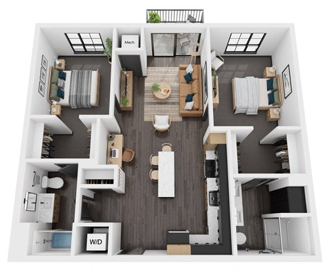 Floor plan for 2 beds, 2 baths, 1024 sqft